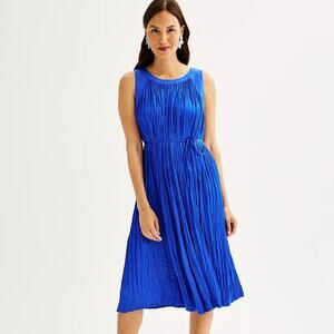 Nine West Pleated Sleeveless Gage Blue Dress Linen Blend Trim Sz S, NWT, New